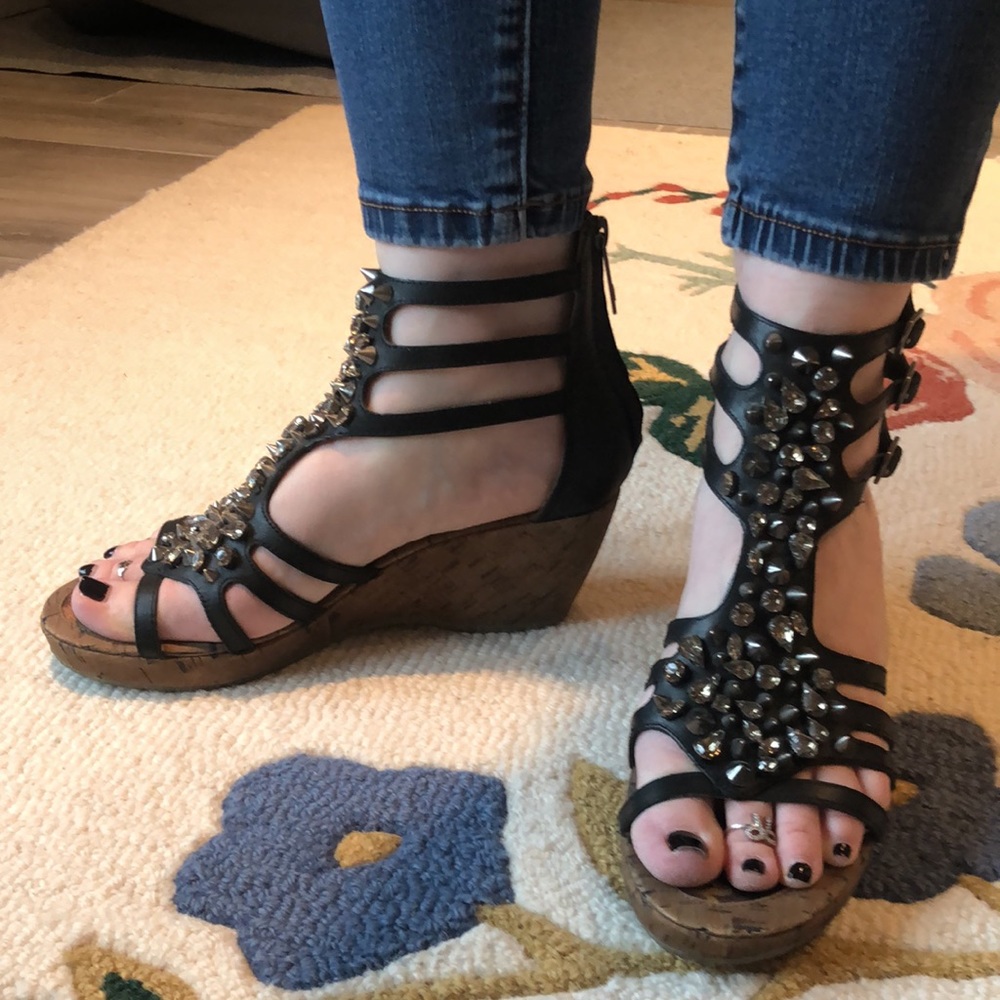 SOLD Sam Edelman Black Stone & Spiked Accent Wedge Size 9